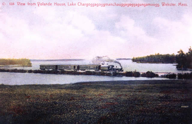Painting of a train crossing over a lake