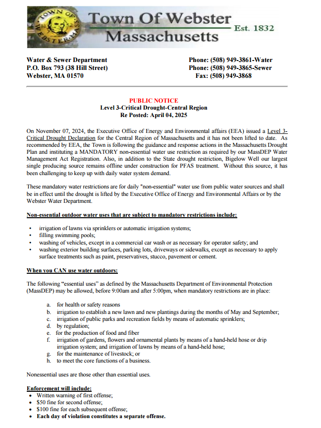 Webster Water 2025 Level 3-Critical Drought Restriction Notification-04-04-2025
