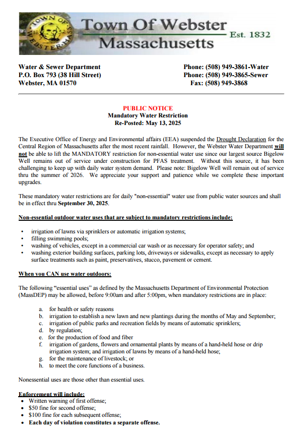 Webster Water 2025 Water Restriction Notification 05-13-2025