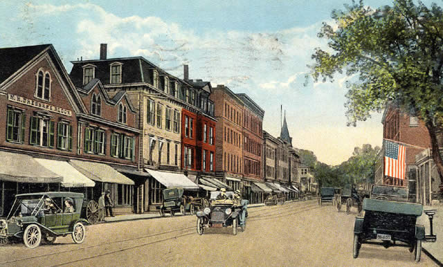 Painting of a busy street in the nineteen twenties